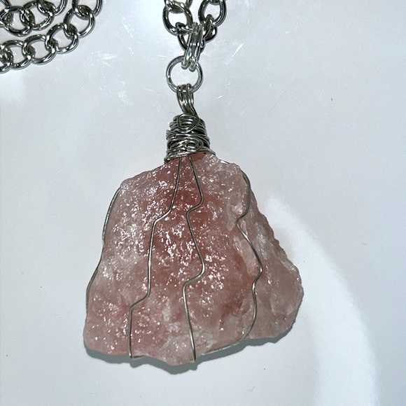 Hand Crafted Genuine Raw Wire Set Rose Quartz Crystal Stainless Steel Necklace - Picture 1 of 16